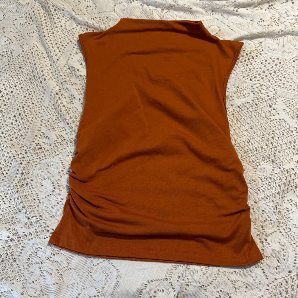 SHEIN‎ Rust Orange Mock Neck Sleeveless Ruched Bodycon casual work top  Size M
